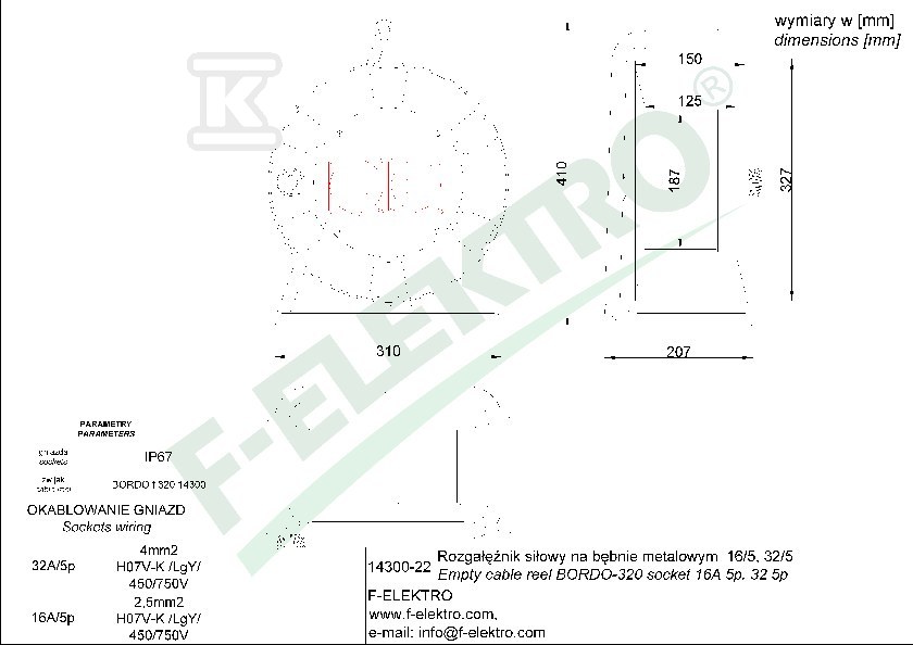 Rozgałęźnik bębnowy, BORDO-320 32A 5p, - 14300-5